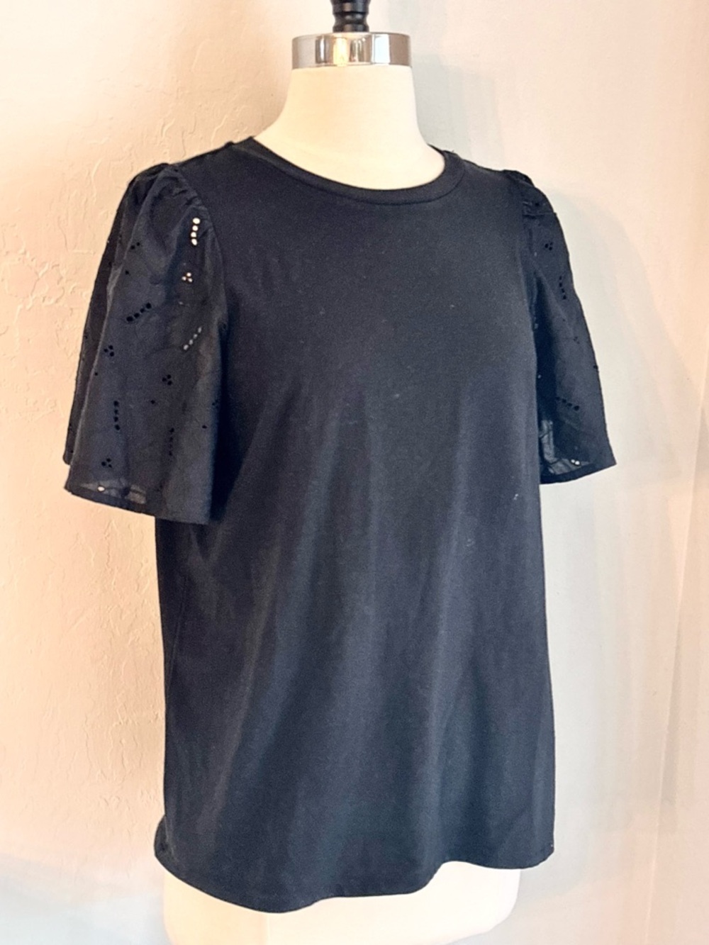 a new day Short Sleeve Cotton Crewneck Tee Eyelet Puff Flutter Sleeve, Black, M - Picture 2 of 5